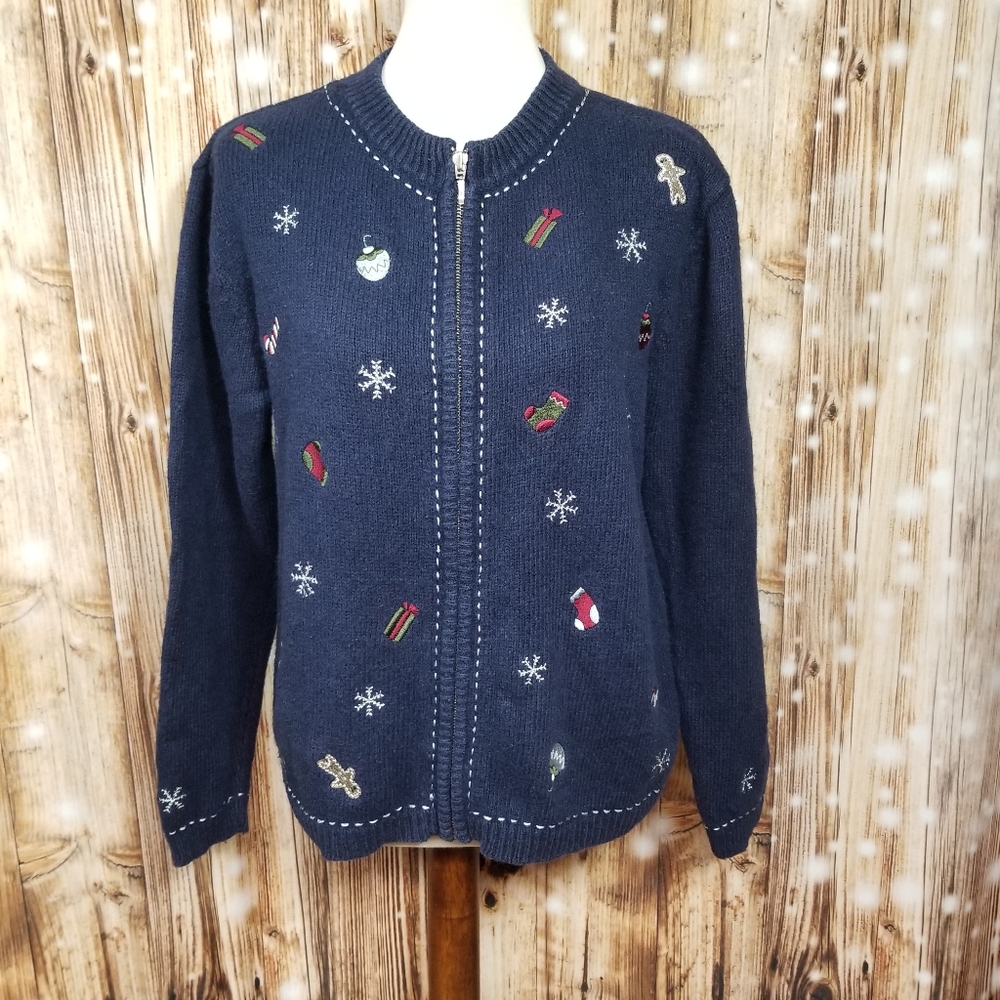 Croft & Barrow Navy Blue Christmas Women's Sm Holiday Zip-Up Cardigan Sweater